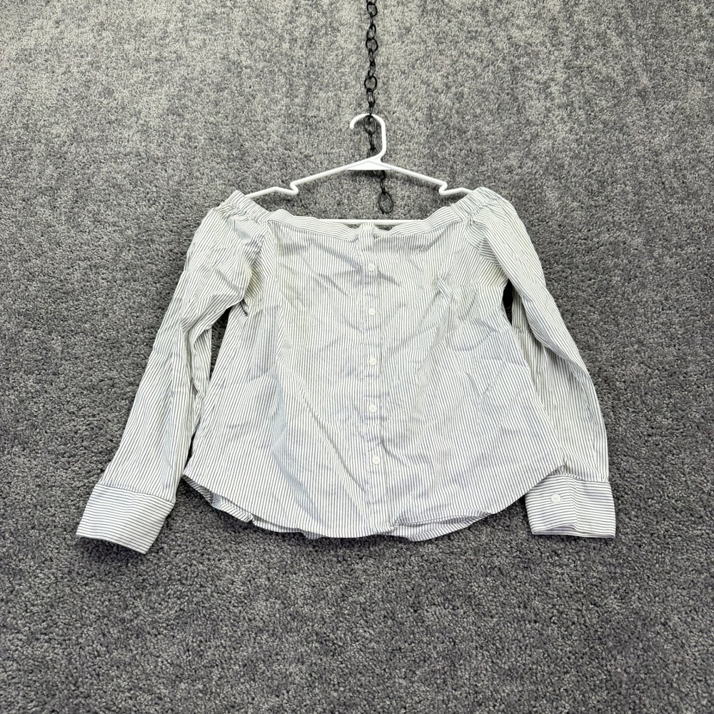 Express Off Shoulder Top Womens Small White Blue Striped Long Sleeve Button Up